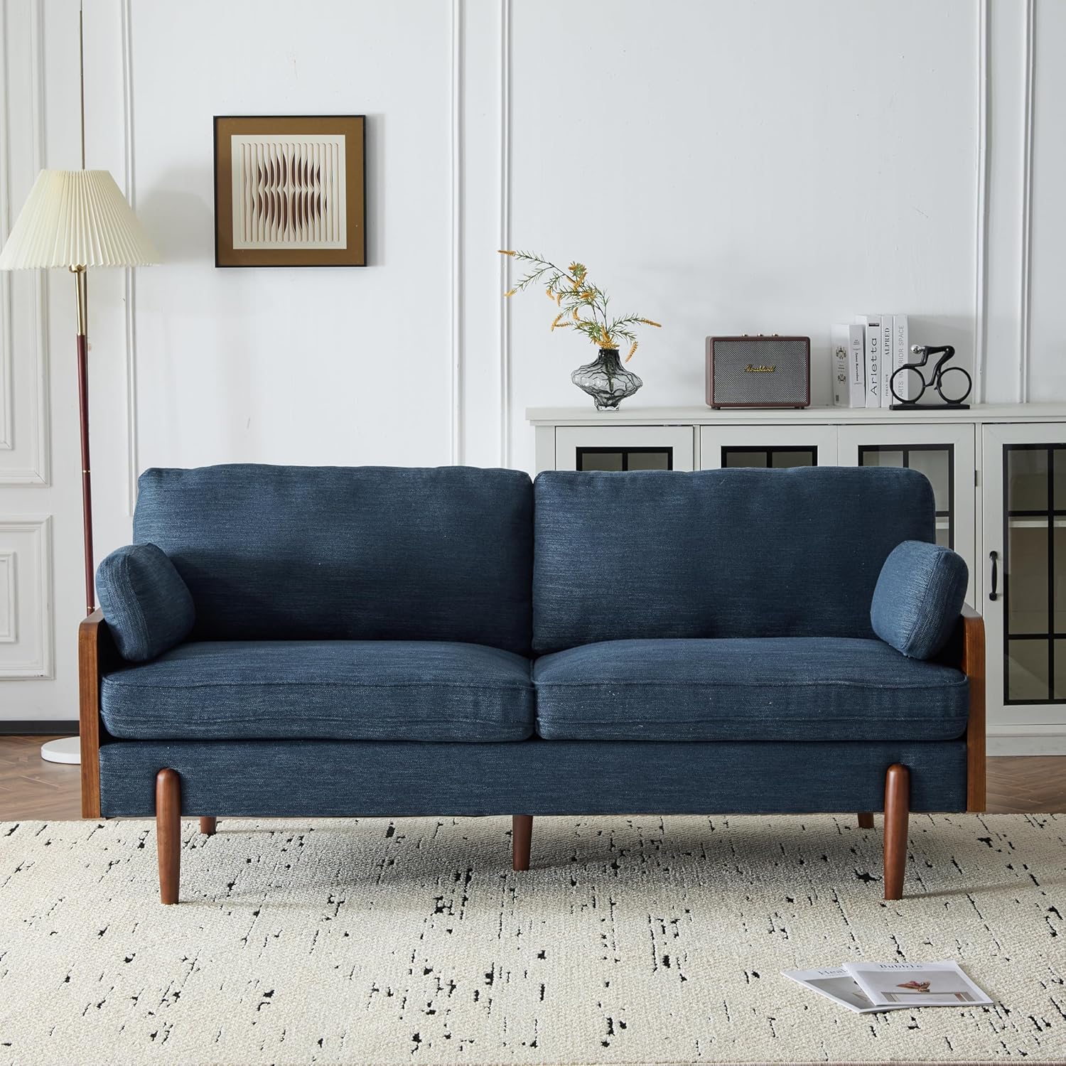 91dVm94EZ4L._AC_SL1500_.jpg 71.75" Mid-Century Modern Sofa with Plush Cushions, Wood Sides & Rounded Legs Compact & Stylish Couch for Living Room, Apartment Office, Navy - Image 1