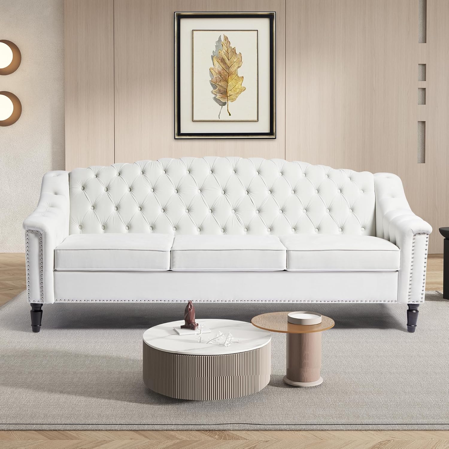 91eBesj7ctL._AC_SL1500_.jpg Mid-Century Modern Velvet Sofa, 80" Large Upholstered Sofa with High Back, Chesterfield Couch Sleeper Settee with Solid Wood Legs, Tufted 3 Seater Wide Couches for Living Room Office (White) - Image 1