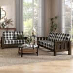 Modern 2-Piece Solid Wood Sofa Set with Plaid Removable Cushions, Black and White Upholstery Fabric, Comfortable Couch and Loveseat for Living Room, Dark Walnut