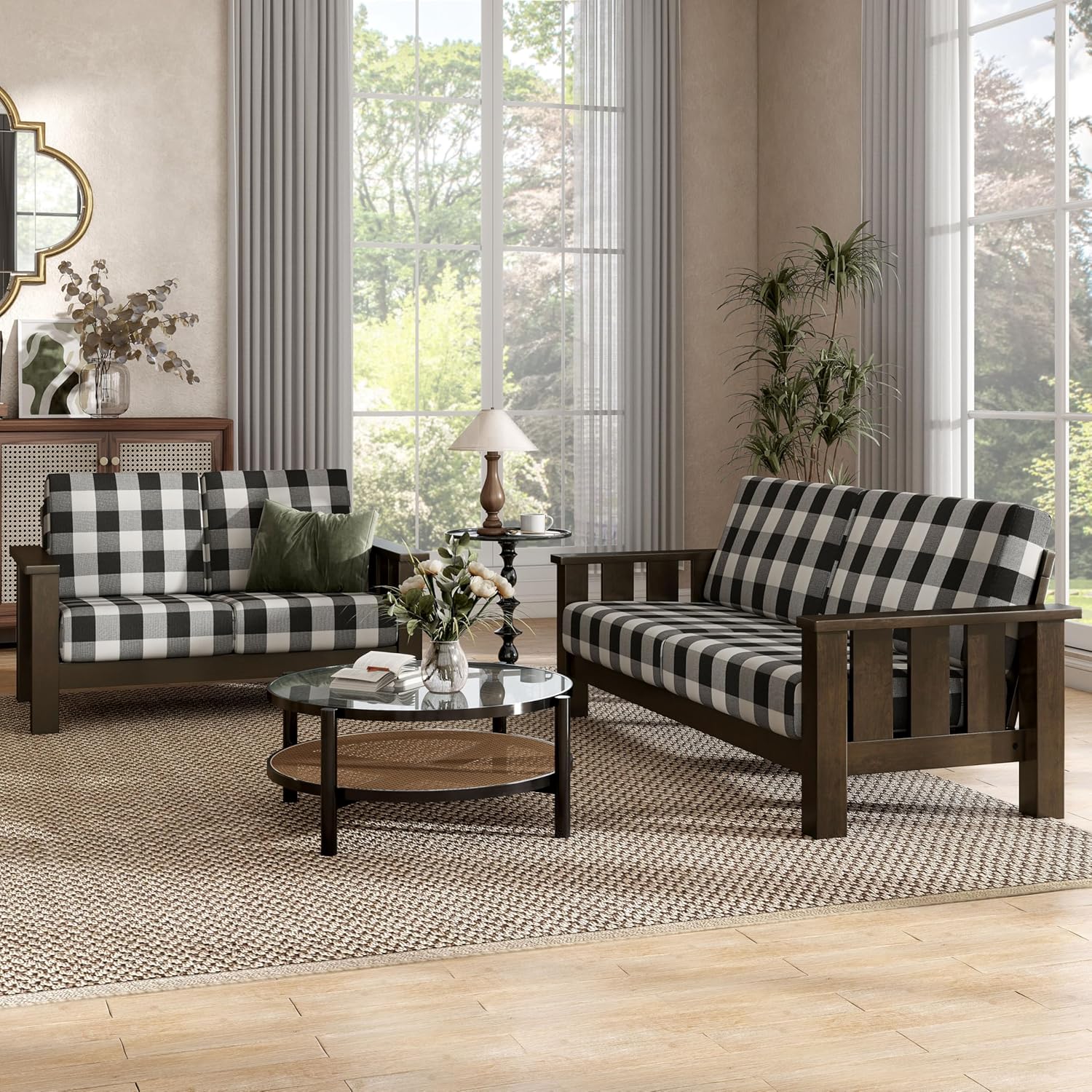91hihHdtlFL._AC_SL1500_.jpg Modern 2-Piece Solid Wood Sofa Set with Plaid Removable Cushions, Black and White Upholstery Fabric, Comfortable Couch and Loveseat for Living Room, Dark Walnut - Image 1