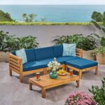 Outdoor 5 Piece Acacia Wood Sofa Set, Teak Finish, Dark Teal - Image 2