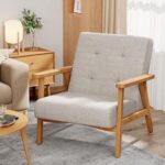 Mid Century Accent Chair for Living Room, Upholstered Modern Wood Frame Armchair Slipper Club Lounge Chair Guest Reception Couch Comfy Single Sofa for Bedroom-Grey