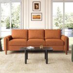 83.86" 3-Seater Sofa, Curved Armrest with Integrated Solid Wood Legs, Teddy Velvet Fabric, High Weight Capacity (250 lbs/seat), Durable Solid Wood Frame, Orange