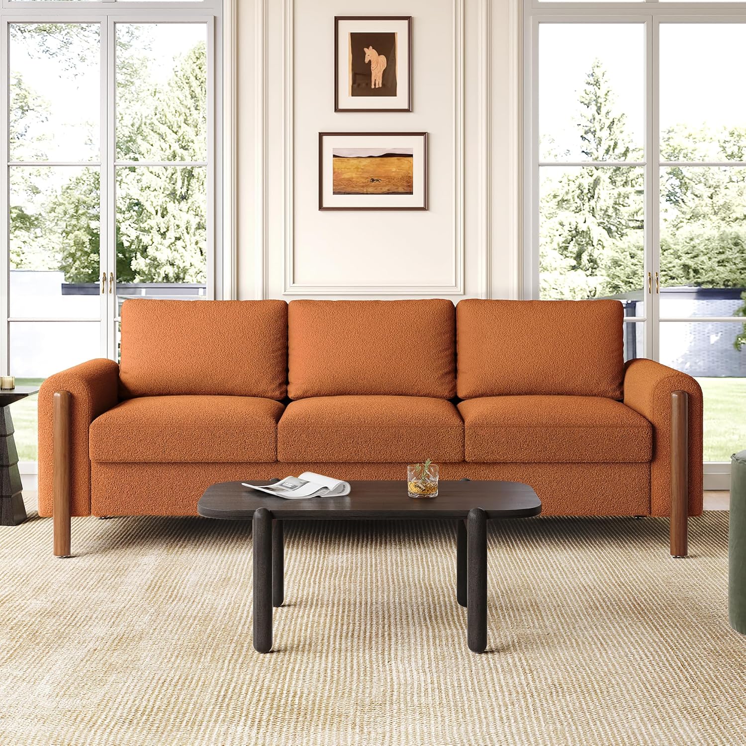 91uASyHdGCL._AC_SL1500_.jpg 83.86" 3-Seater Sofa, Curved Armrest with Integrated Solid Wood Legs, Teddy Velvet Fabric, High Weight Capacity (250 lbs/seat), Durable Solid Wood Frame, Orange - Image 1