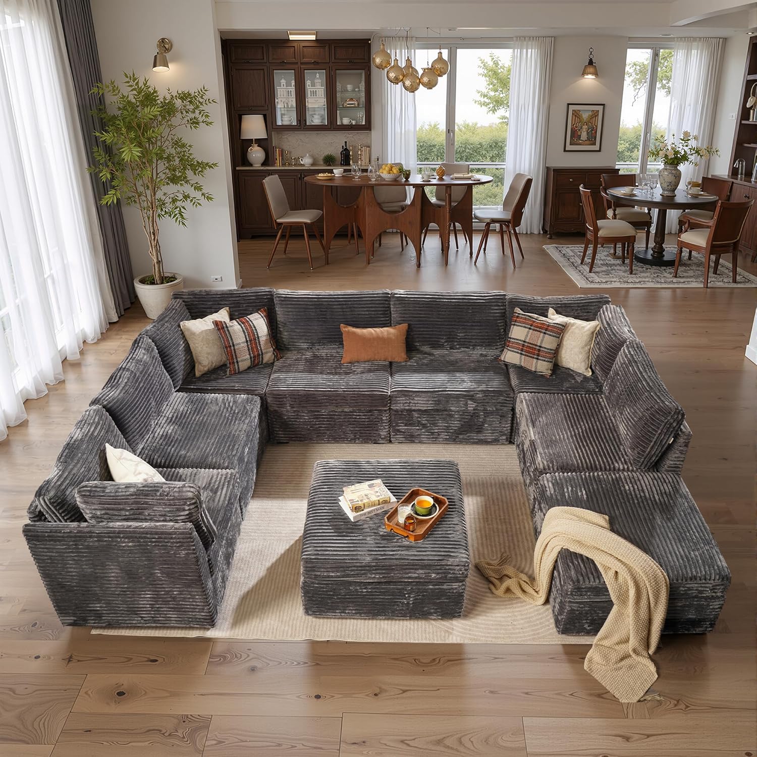 91vN1y9CPbL._AC_SL1500_.jpg Modular Sectional Sofa Couch with U-Shape Chaise Ottomans, Comfy Plush Corduroy Cloud Couches, Modern Deep Seat Sofas Set for Living Room, 9-Seater, Grey - Image 1